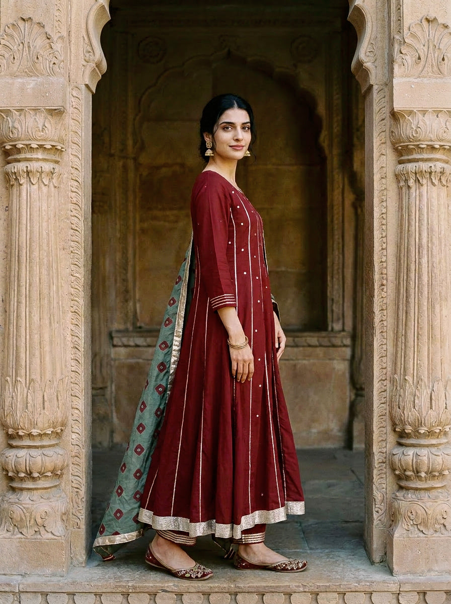 Maroon Embroidered Premium Modal Kurta Set with Pants & Dupatta — side view