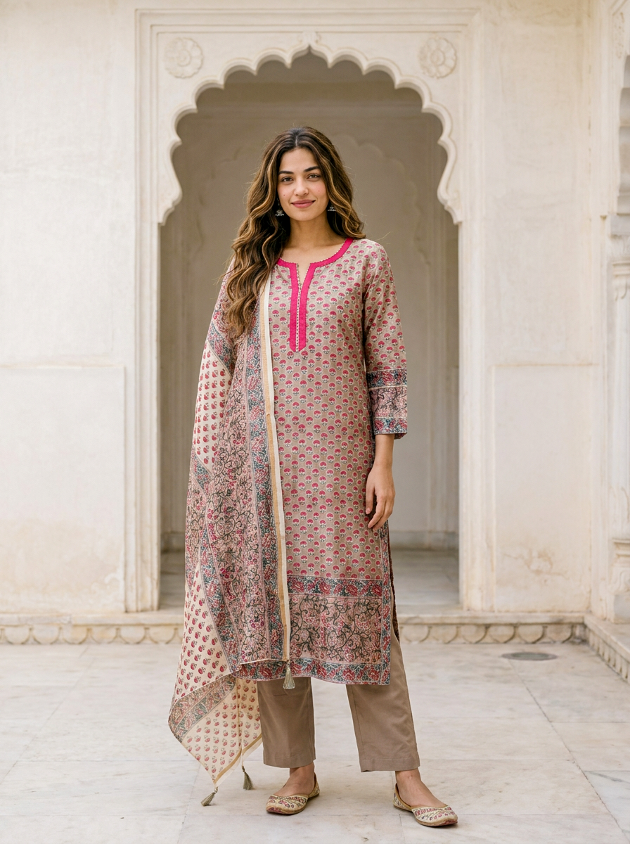 Beige Hand Block Print Silk Chanderi Kurta Set with Pants & Dupatta — full set front