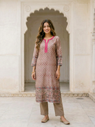 Beige Hand Block Print Silk Chanderi Kurta Set with Pants & Dupatta — side view