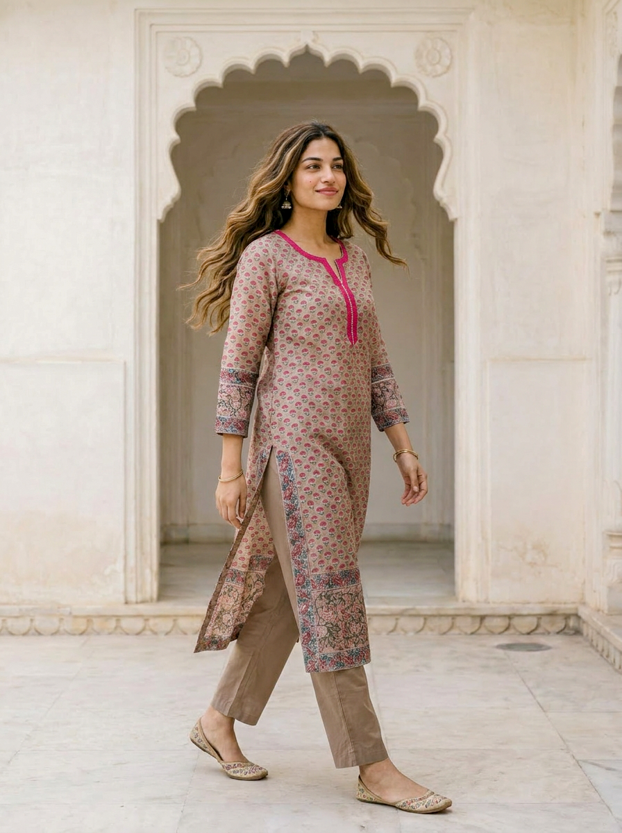 Beige Hand Block Print Silk Chanderi Kurta Set with Pants & Dupatta — styling detail