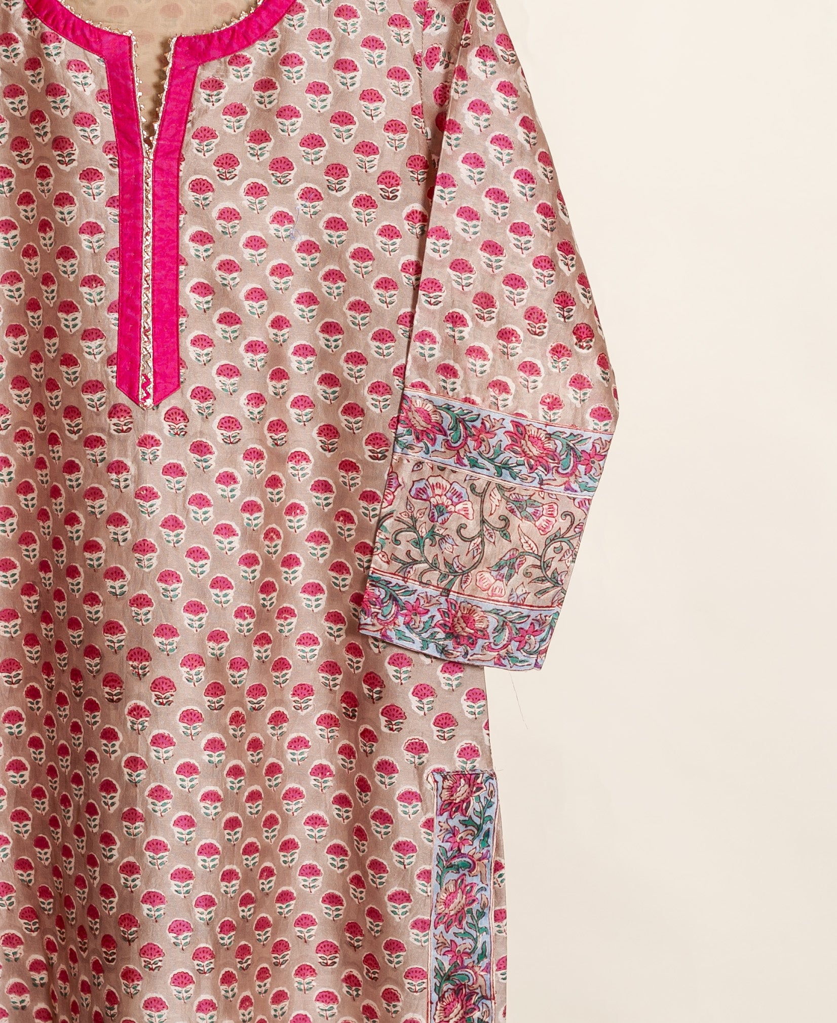 Beige Hand Block Print Silk Chanderi Kurta Set with Pants & Dupatta — fabric close-up