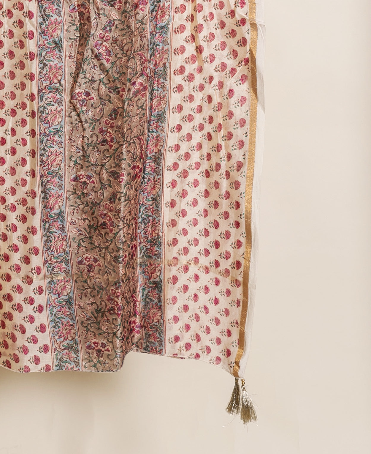 Beige Hand Block Print Silk Chanderi Kurta Set with Pants & Dupatta — detail