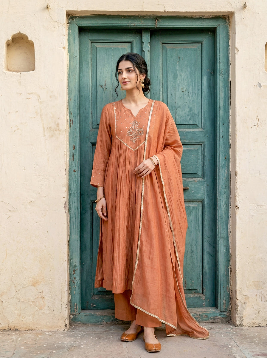 Rust Embroidered Mal Silk Chanderi Kurta Set with Pants & Dupatta — full set front