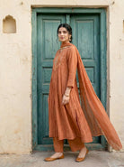 Rust Embroidered Mal Silk Chanderi Kurta Set with Pants & Dupatta — model front