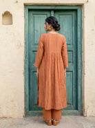 Rust Embroidered Mal Silk Chanderi Kurta Set with Pants & Dupatta — kurta detail