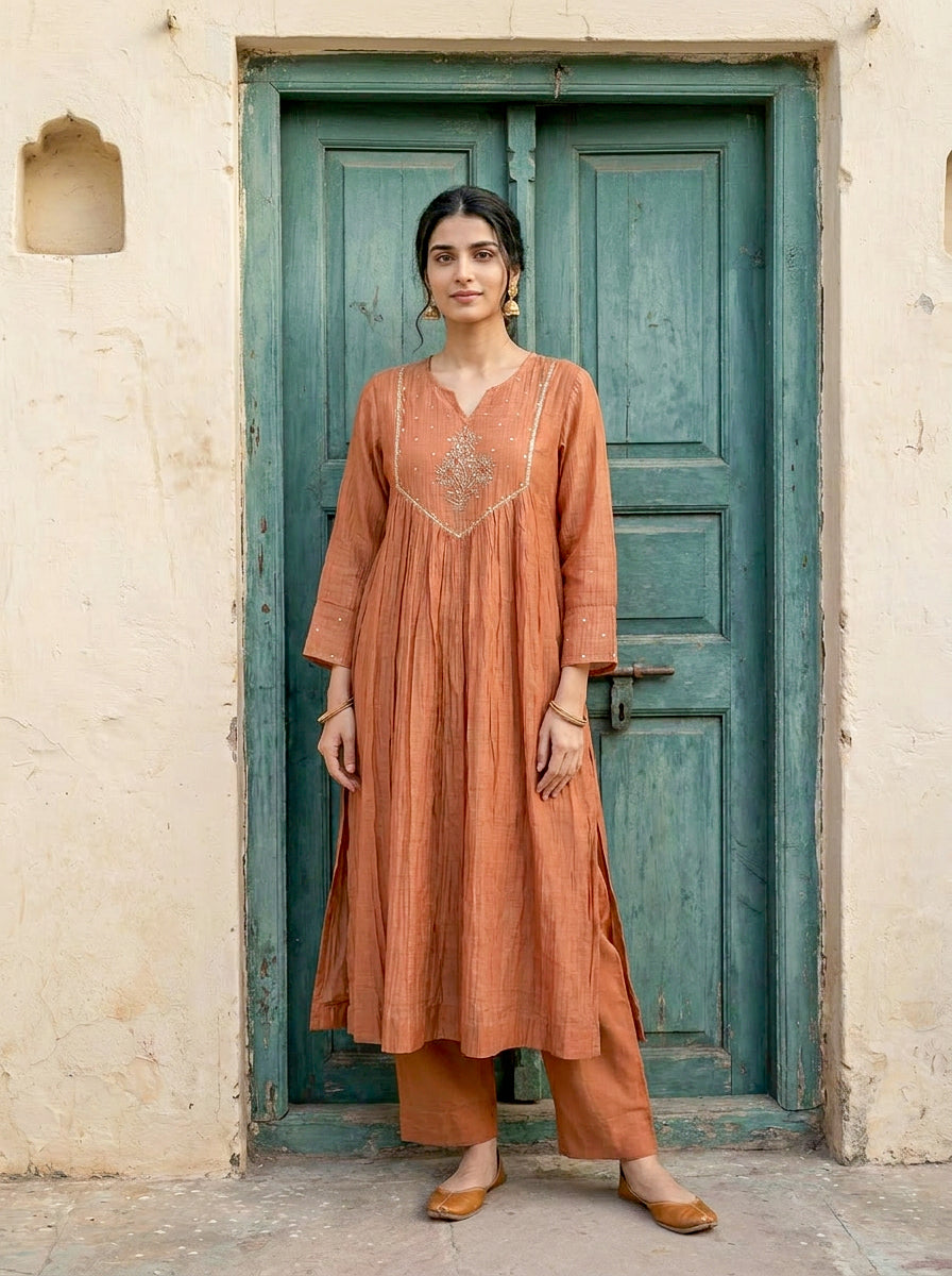 Rust Embroidered Mal Silk Chanderi Kurta Set with Pants & Dupatta — back view