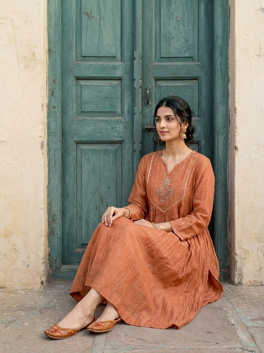 Rust Embroidered Mal Silk Chanderi Kurta Set with Pants & Dupatta — styling detail