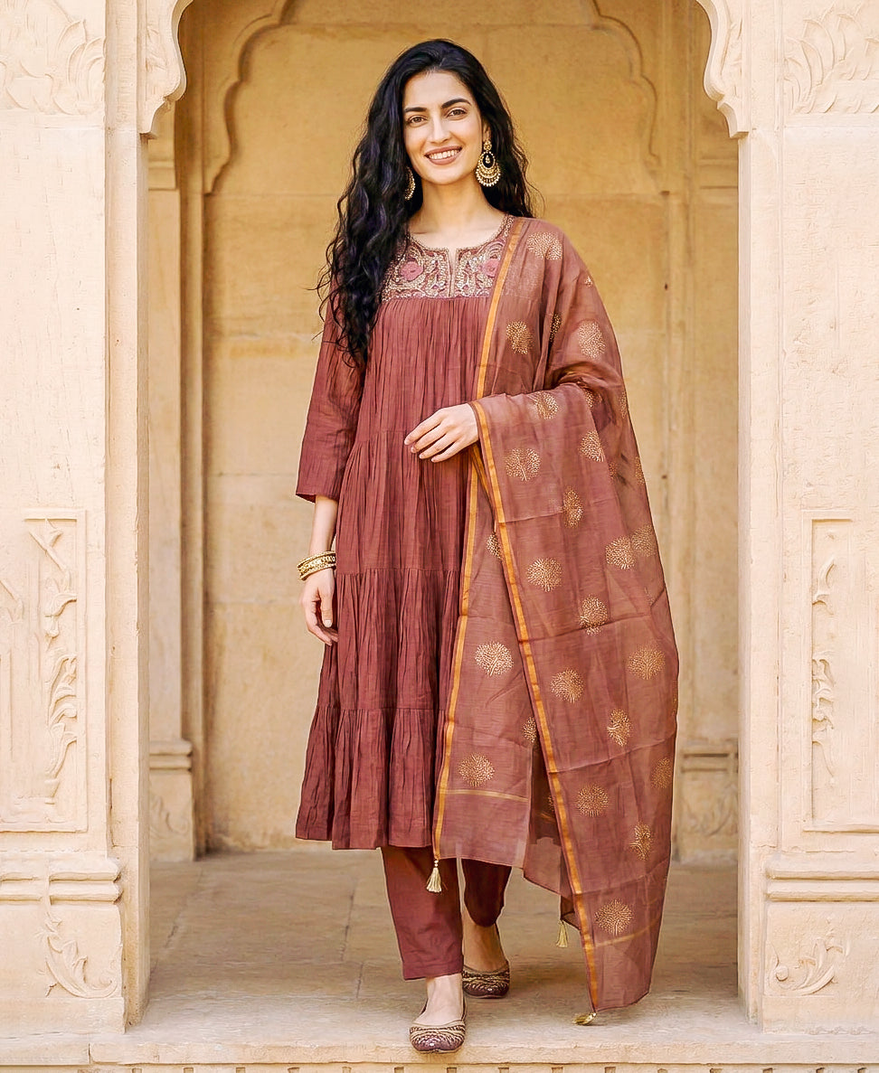 Rust Brown Embroidered Mul Silk Chanderi Kurta Set with Pants & Gold Print Dupatta — with dupatta, front view