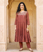 Rust Brown Embroidered Mul Silk Chanderi Kurta Set with Pants & Gold Print Dupatta — kurta and pants, front view