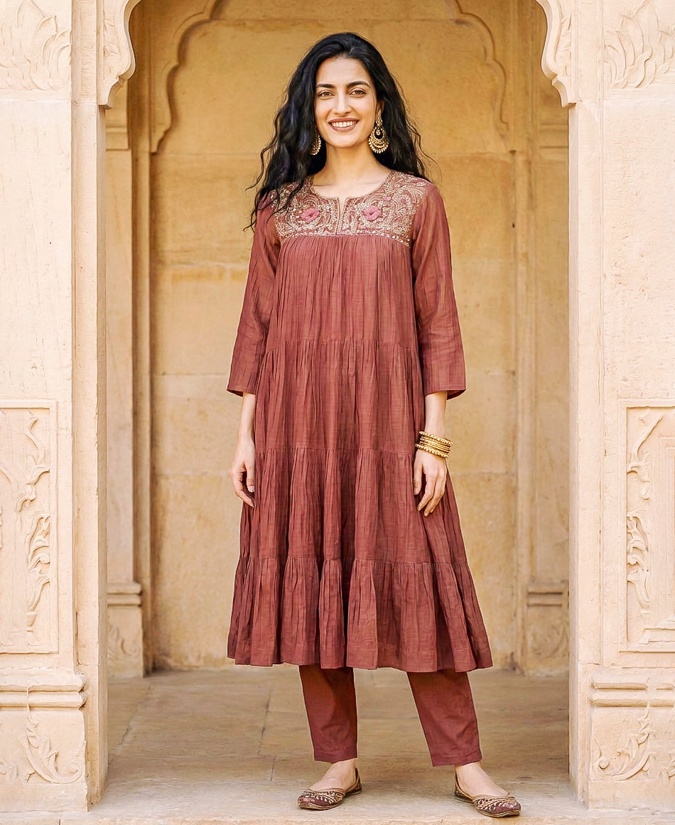 Rust Brown Embroidered Mul Silk Chanderi Kurta Set with Pants & Gold Print Dupatta — kurta and pants, front view
