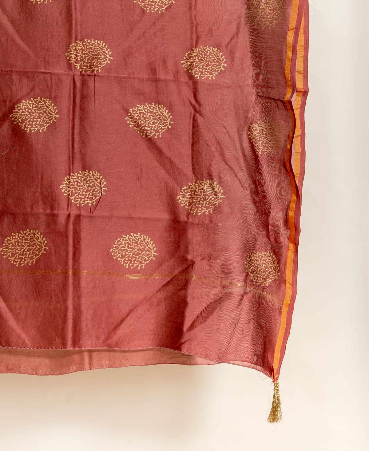 Rust Brown Embroidered Mul Silk Chanderi Kurta Set with Pants & Gold Print Dupatta — gold-print dupatta detail