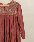 Rust Brown Embroidered Mul Silk Chanderi Kurta Set with Pants & Gold Print Dupatta — embroidered yoke and tiered kurta detail