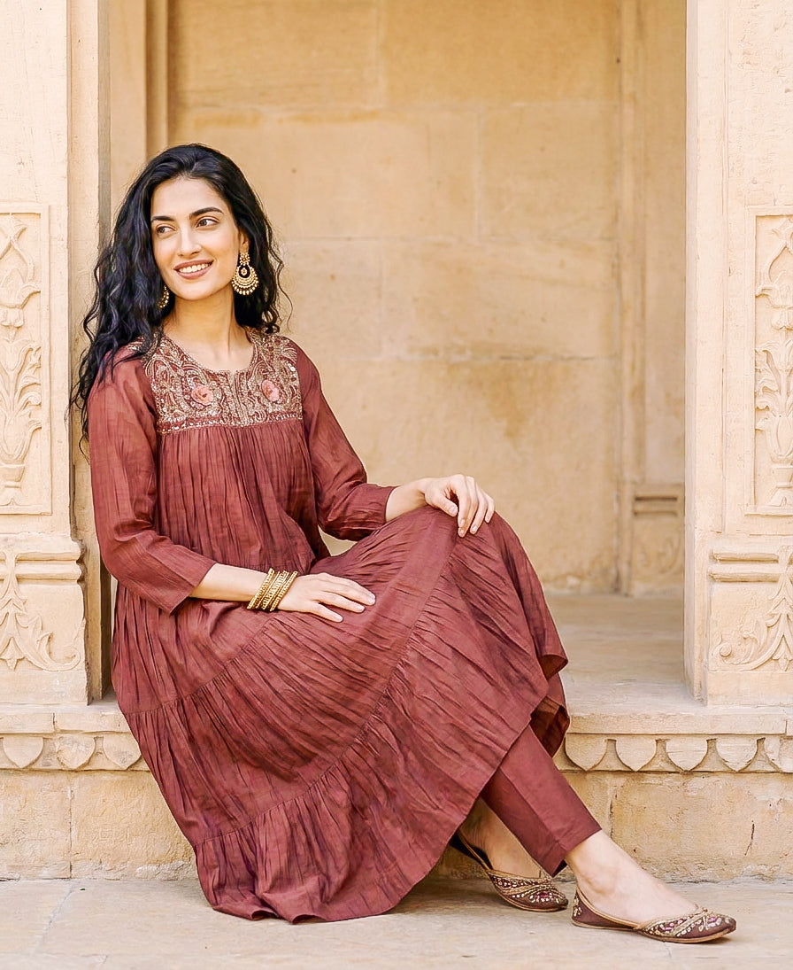 Rust Brown Embroidered Mul Silk Chanderi Kurta Set with Pants & Gold Print Dupatta — seated styled look