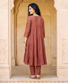 Rust Brown Embroidered Mul Silk Chanderi Kurta Set with Pants & Gold Print Dupatta — back view