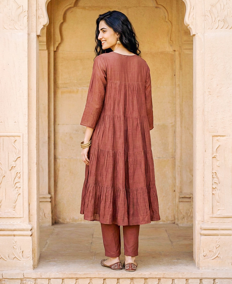 Rust Brown Embroidered Mul Silk Chanderi Kurta Set with Pants & Gold Print Dupatta — back view
