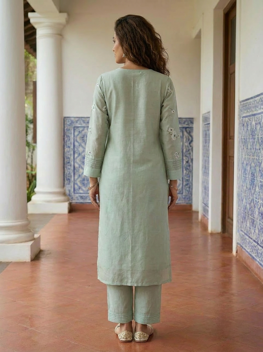 Sage Green Embroidered Silk Chanderi Kurta Set with Pants & Gold Border Dupatta — back view