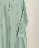 Sage Green Embroidered Silk Chanderi Kurta Set with Pants & Gold Border Dupatta — floral embroidery and pintucked cuff detail