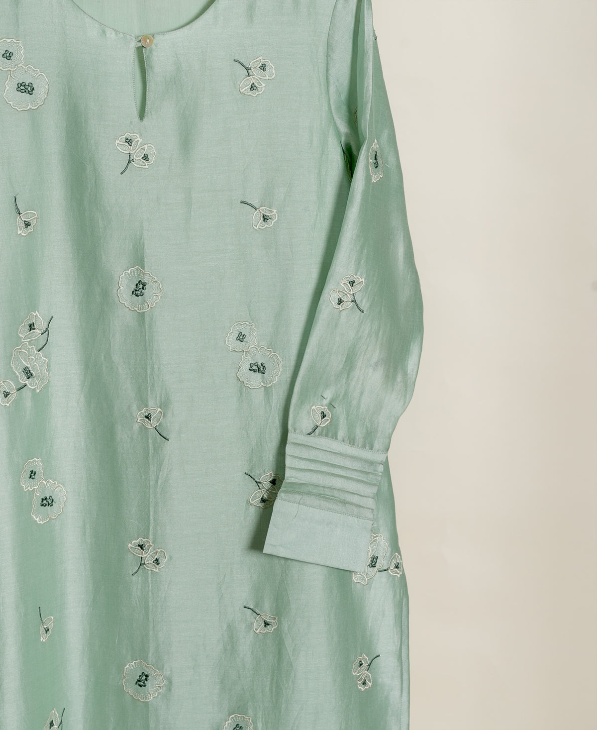 Sage Green Embroidered Silk Chanderi Kurta Set with Pants & Gold Border Dupatta — floral embroidery and pintucked cuff detail