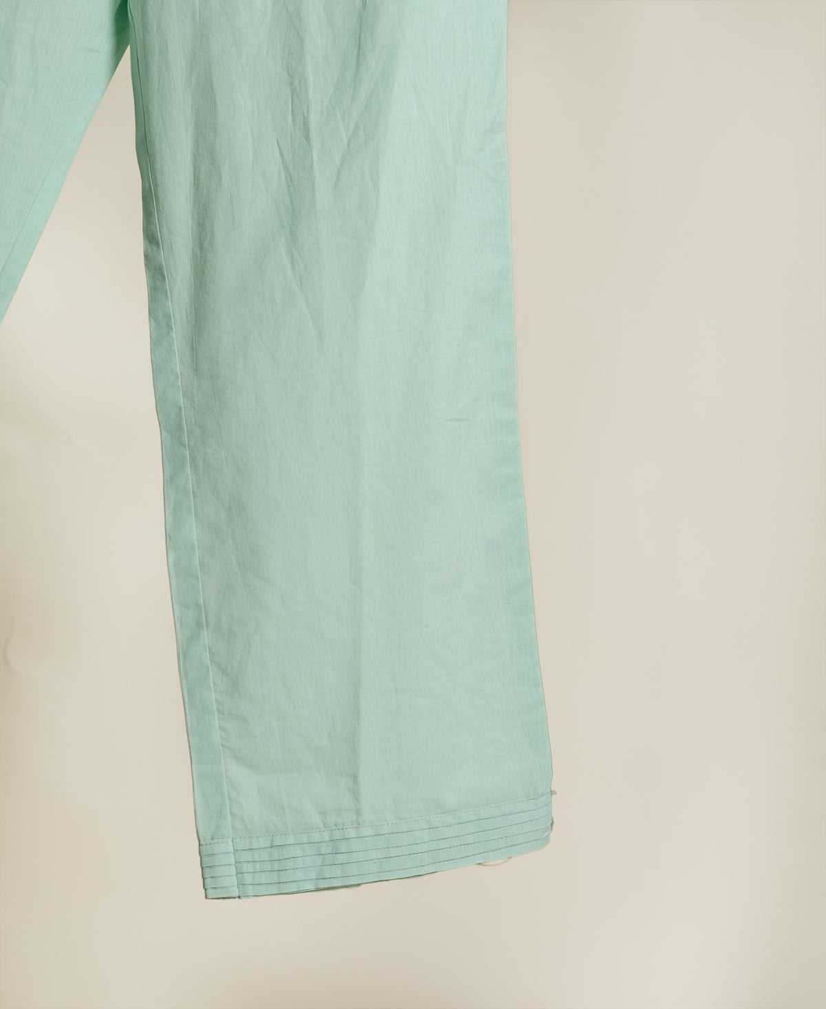 Sage Green Embroidered Silk Chanderi Kurta Set with Pants & Gold Border Dupatta — pintuck hem pants detail