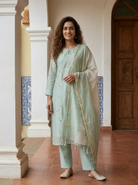 Sage Green Embroidered Silk Chanderi Kurta Set with Pants & Gold Border Dupatta — with dupatta, styled look