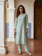 Sage Green Embroidered Silk Chanderi Kurta Set with Pants & Gold Border Dupatta — kurta with pants, standing look