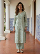 Sage Green Embroidered Silk Chanderi Kurta Set with Pants & Gold Border Dupatta — kurta and pants, front view