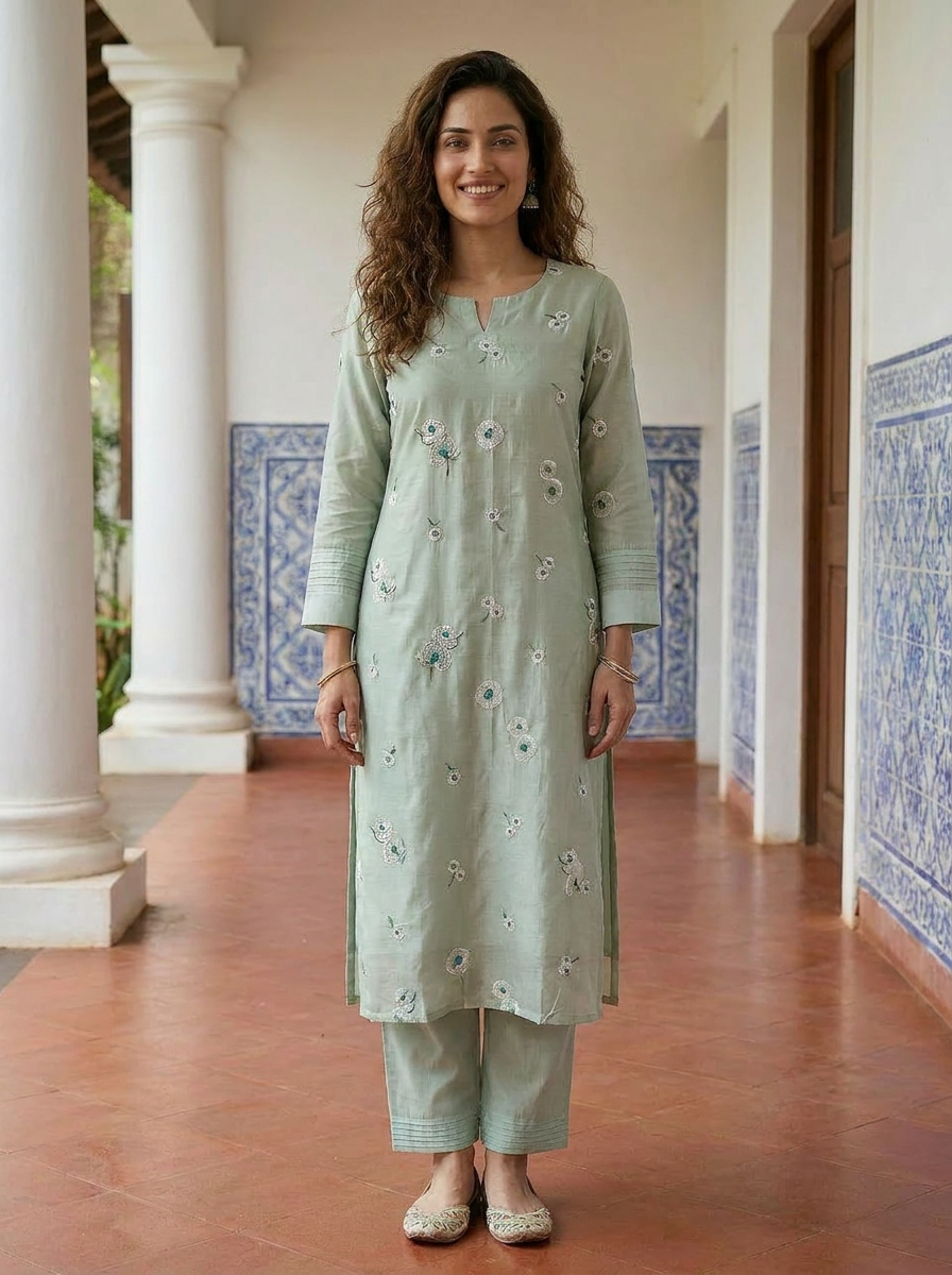 Sage Green Embroidered Silk Chanderi Kurta Set with Pants & Gold Border Dupatta — kurta and pants, front view
