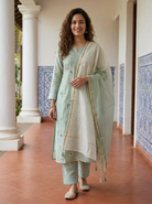 Sage Green Embroidered Silk Chanderi Kurta Set with Pants & Gold Border Dupatta — with dupatta, standing look