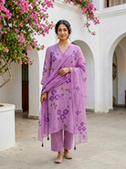 Lilac Hand Painted Organza Kurta Set with Pants & Dupatta — view 1