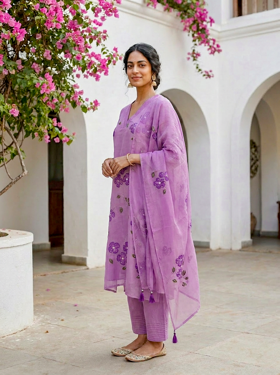Lilac Hand Painted Organza Kurta Set with Pants & Dupatta — view 3