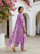 Lilac Hand Painted Organza Kurta Set with Pants & Dupatta — view 4