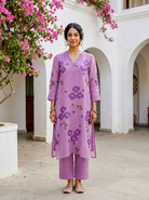 Lilac Hand Painted Organza Kurta Set with Pants & Dupatta — view 2