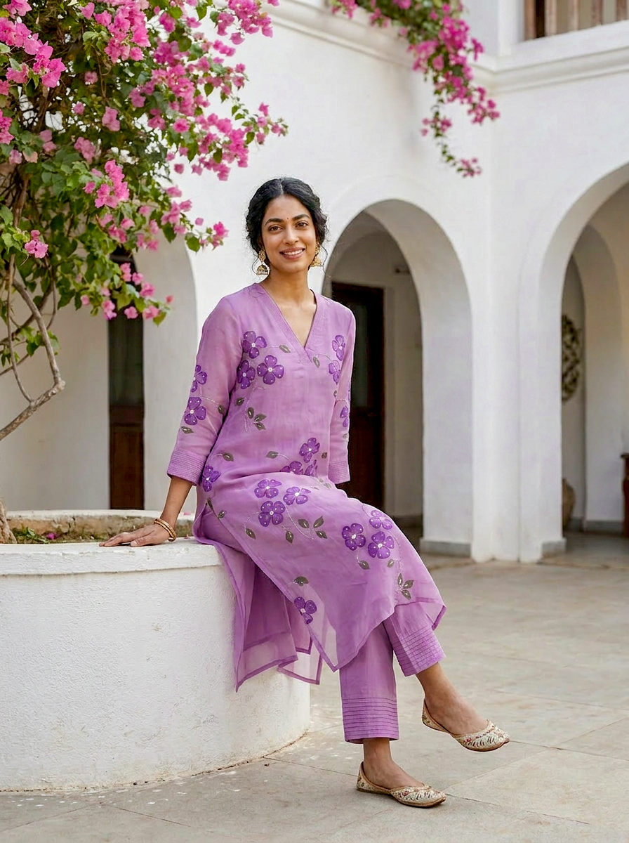 Lilac Hand Painted Organza Kurta Set with Pants & Dupatta — view 6