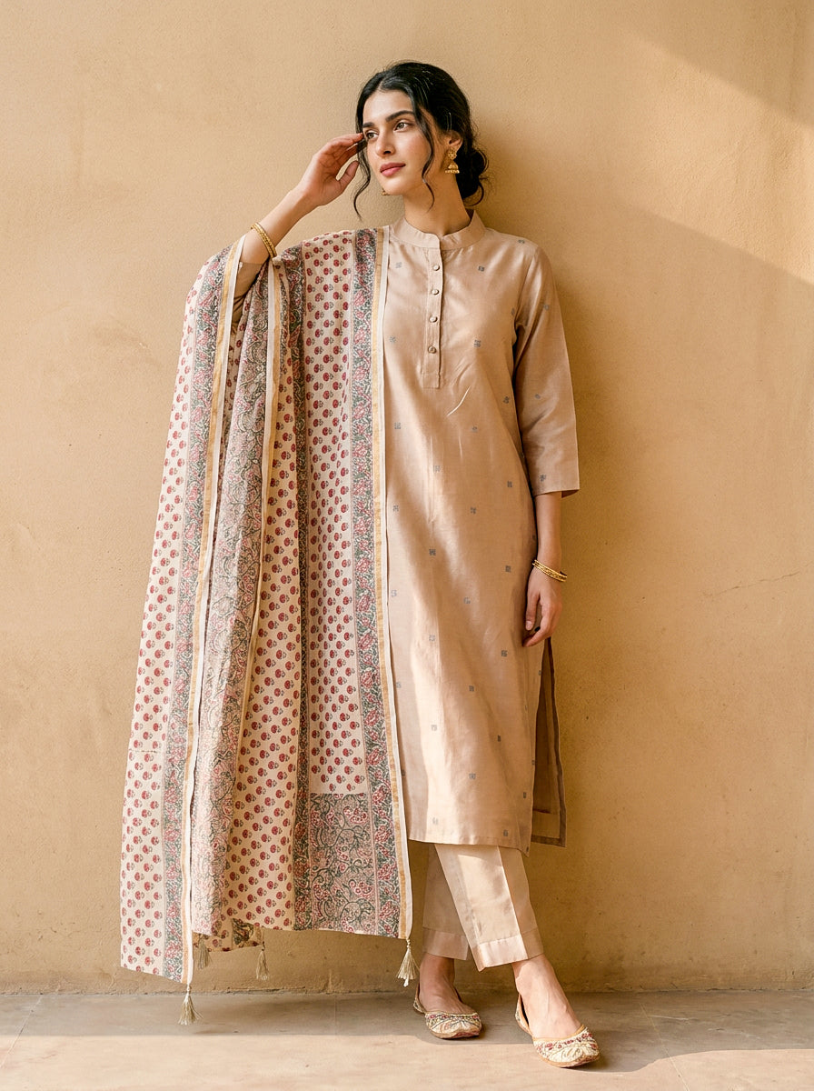 Beige Embroidered Silk Chanderi Kurta Set with Pants & Dupatta — full set front