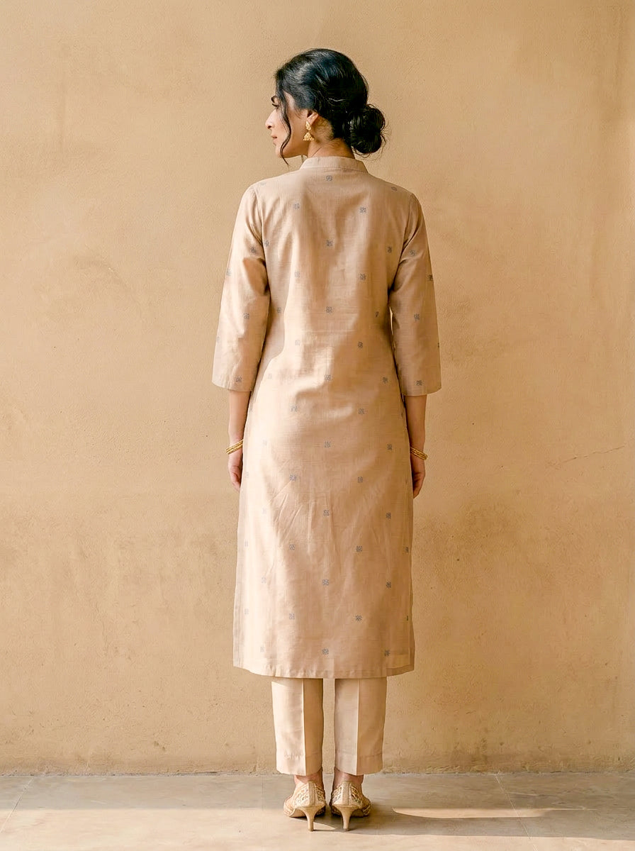 Beige Embroidered Silk Chanderi Kurta Set with Pants & Dupatta — kurta detail