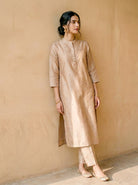 Beige Embroidered Silk Chanderi Kurta Set with Pants & Dupatta — side view
