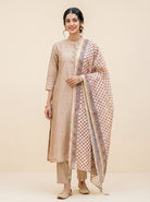 Beige Embroidered Silk Chanderi Kurta Set with Pants & Dupatta — styling detail