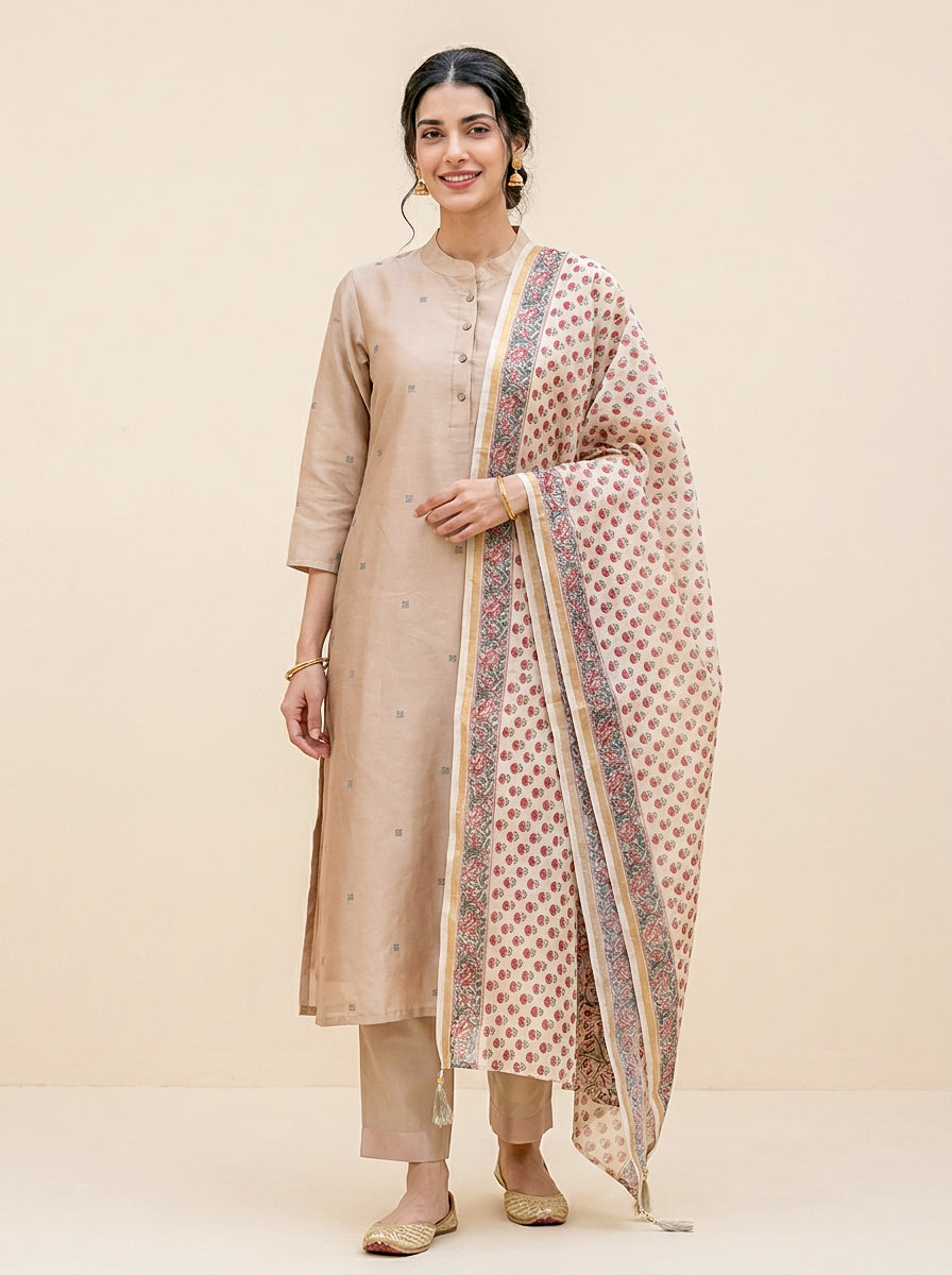 Beige Embroidered Silk Chanderi Kurta Set with Pants & Dupatta — styling detail
