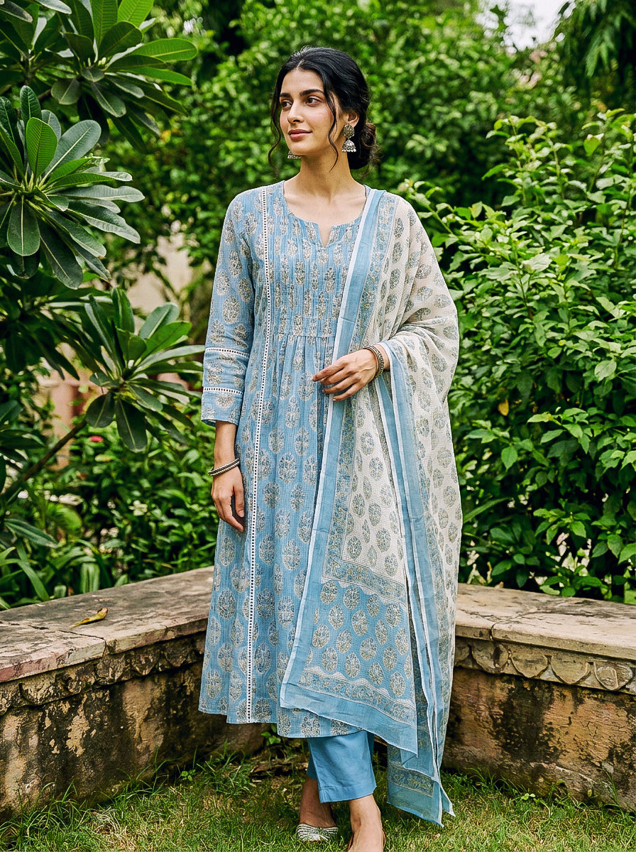 Light Blue Hand Block Print Kota Doria Kurta Set with Pants & Dupatta — full set front