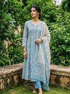 Light Blue Hand Block Print Kota Doria Kurta Set with Pants & Dupatta — full set front