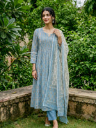 Light Blue Hand Block Print Kota Doria Kurta Set with Pants & Dupatta — model front