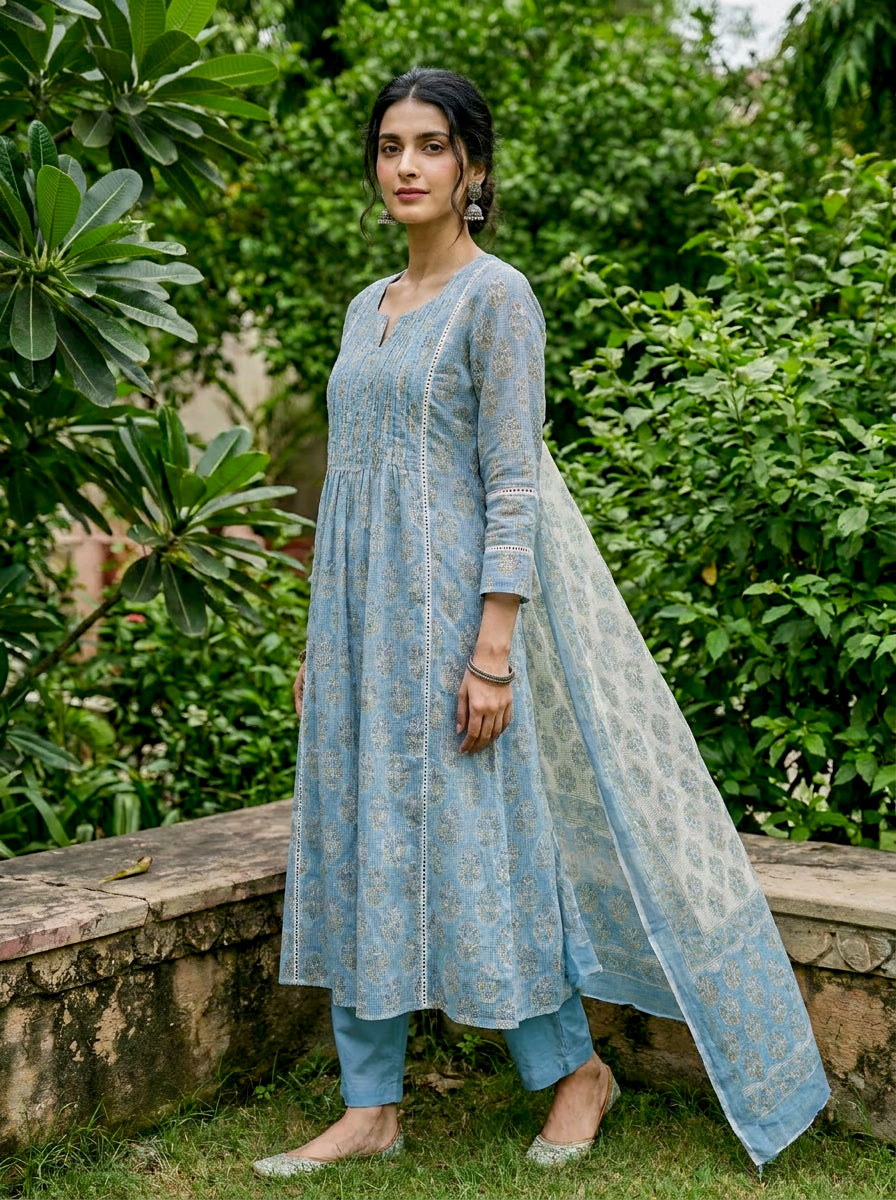Light Blue Hand Block Print Kota Doria Kurta Set with Pants & Dupatta — kurta detail