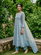 Light Blue Hand Block Print Kota Doria Kurta Set with Pants & Dupatta — kurta detail