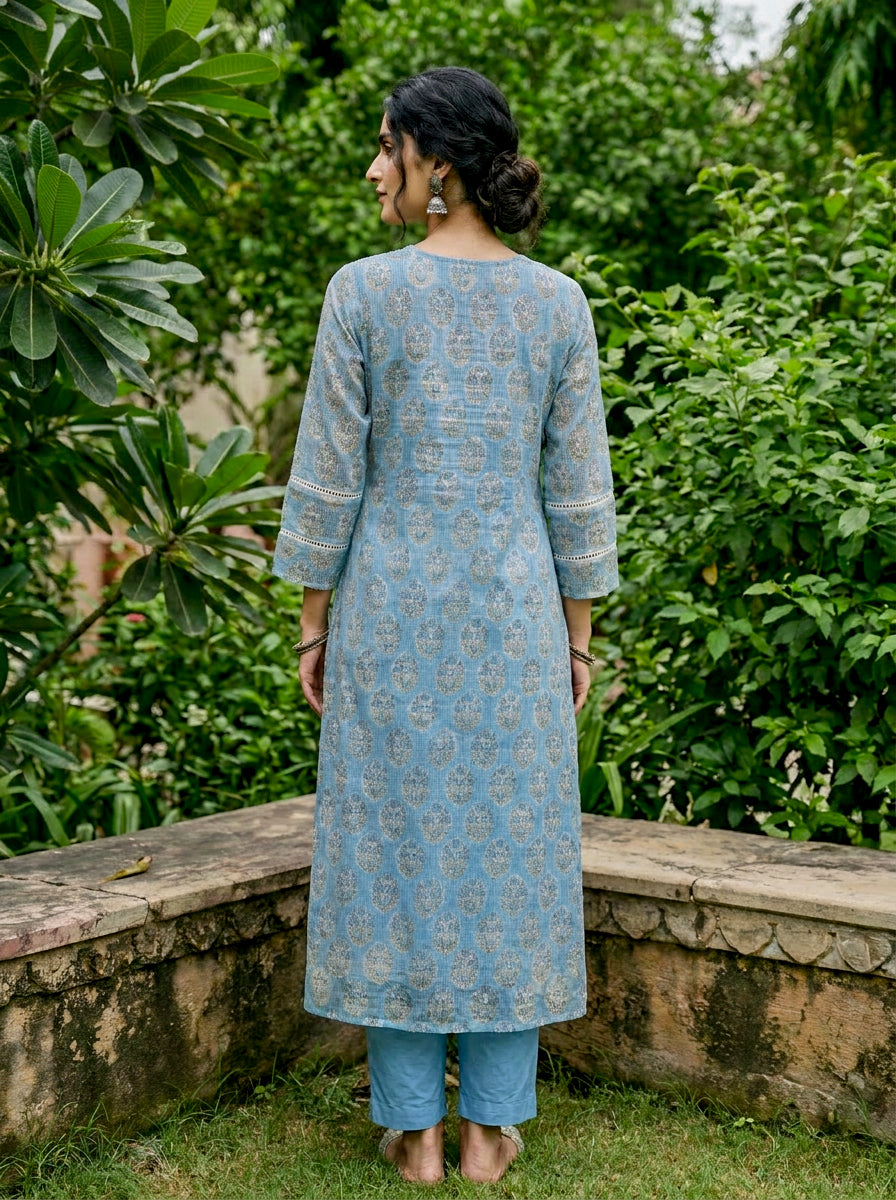 Light Blue Hand Block Print Kota Doria Kurta Set with Pants & Dupatta — back view