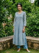 Light Blue Hand Block Print Kota Doria Kurta Set with Pants & Dupatta — side view