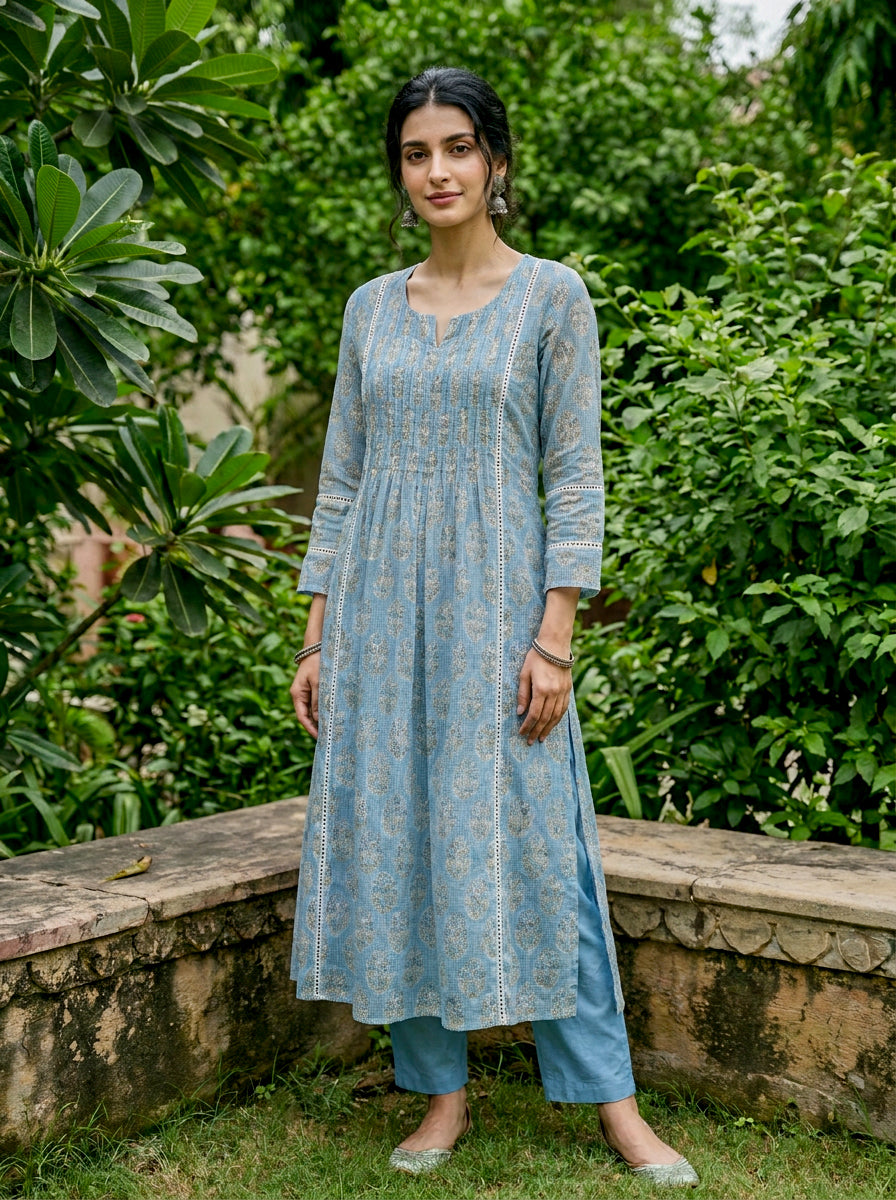 Light Blue Hand Block Print Kota Doria Kurta Set with Pants & Dupatta — side view