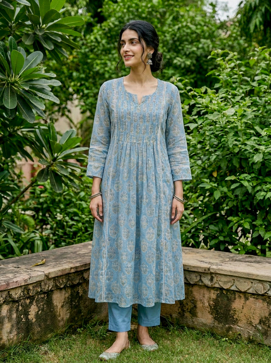 Light Blue Hand Block Print Kota Doria Kurta Set with Pants & Dupatta — styling detail