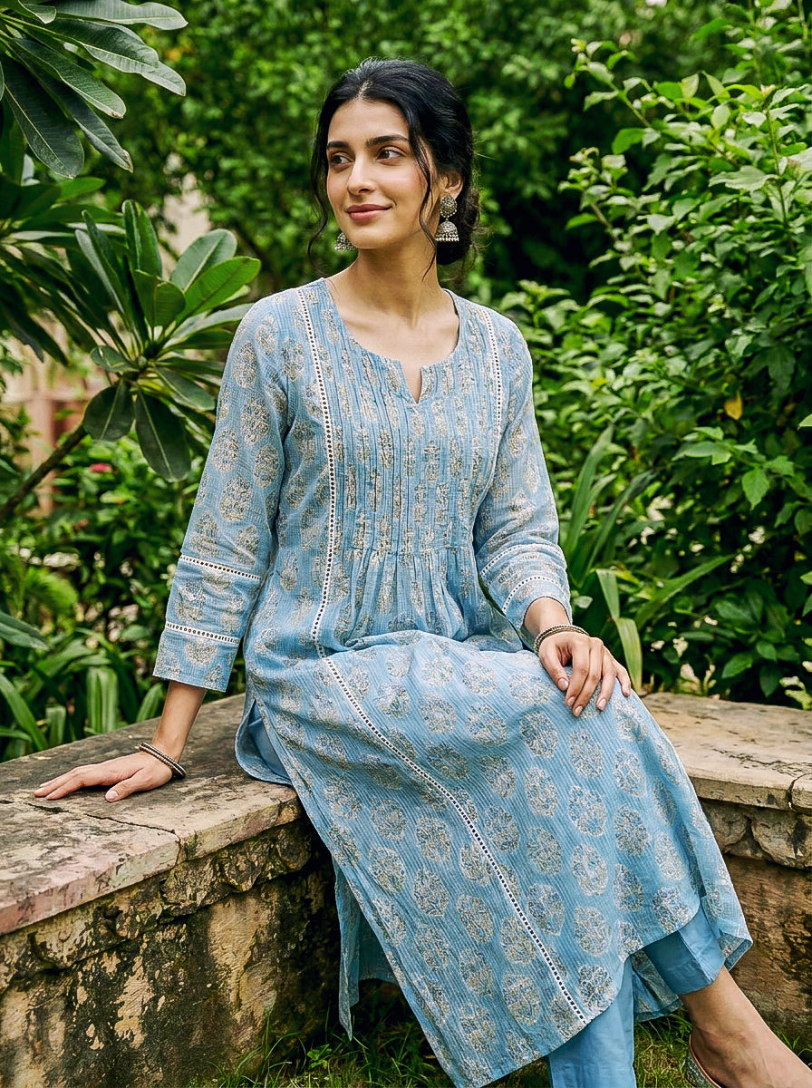 Light Blue Hand Block Print Kota Doria Kurta Set with Pants & Dupatta — fabric close-up