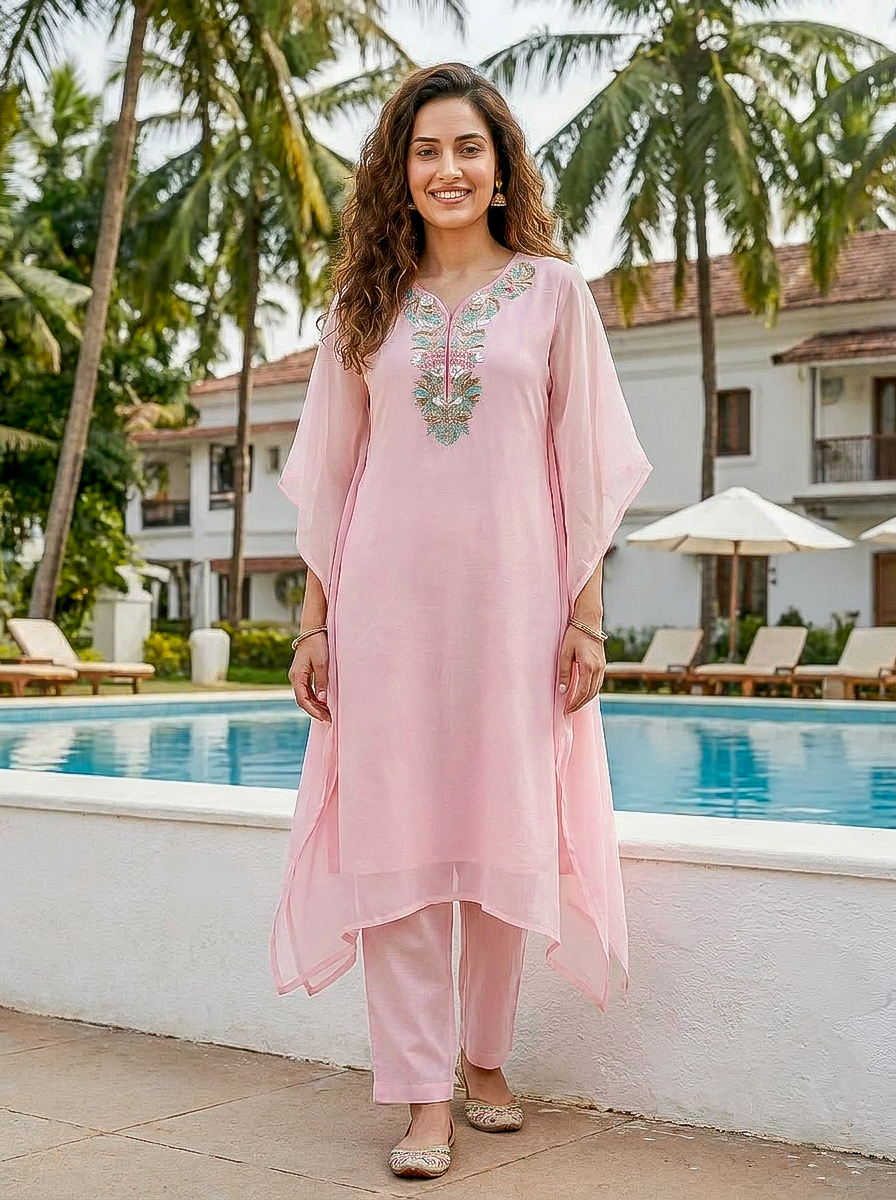 Pink Embroidered Organza Kaftan with Pants — full set front