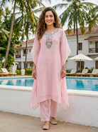 Pink Embroidered Organza Kaftan with Pants — model front
